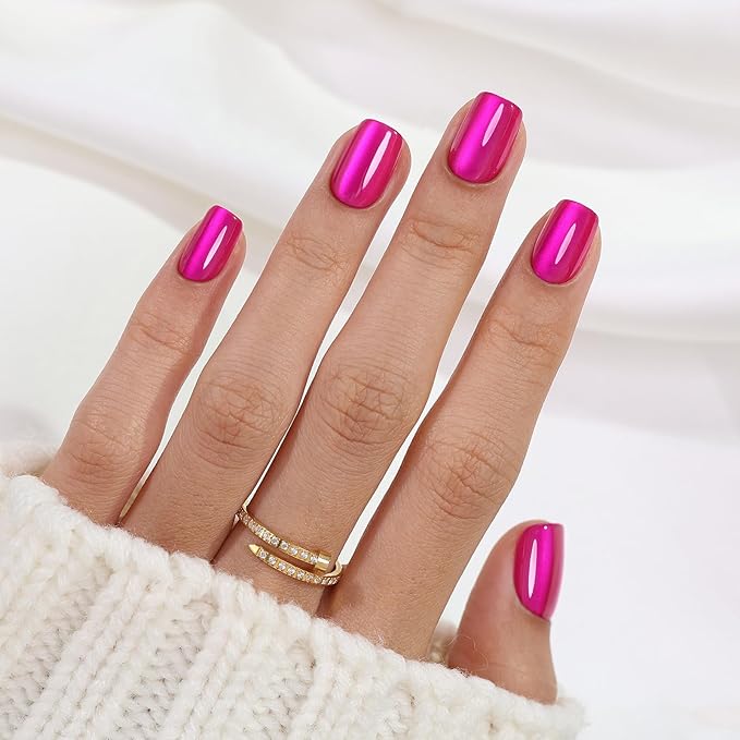 SHANGMENG Hot Pink Press on Nails Short - Cat Eye Press on Nails Square for Women Gift, Natural Fit & Glossy Stick on Nails in 16 Sizes - 32 Reusable Soft Gel Fake Nails with Glue, Hot Pink