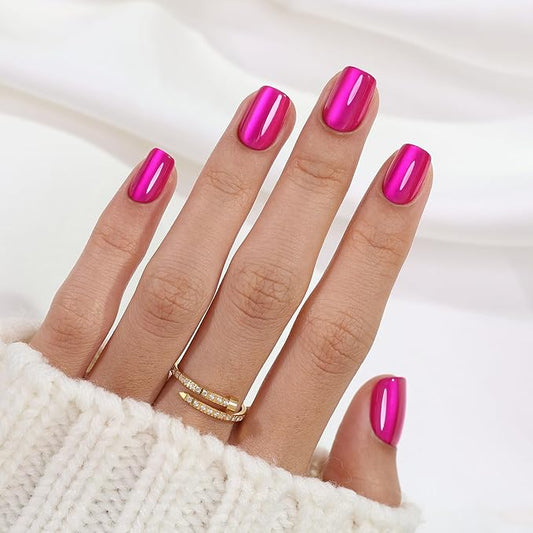 SHANGMENG Hot Pink Press on Nails Short - Cat Eye Press on Nails Square for Women Gift, Natural Fit & Glossy Stick on Nails in 16 Sizes - 32 Reusable Soft Gel Fake Nails with Glue, Hot Pink