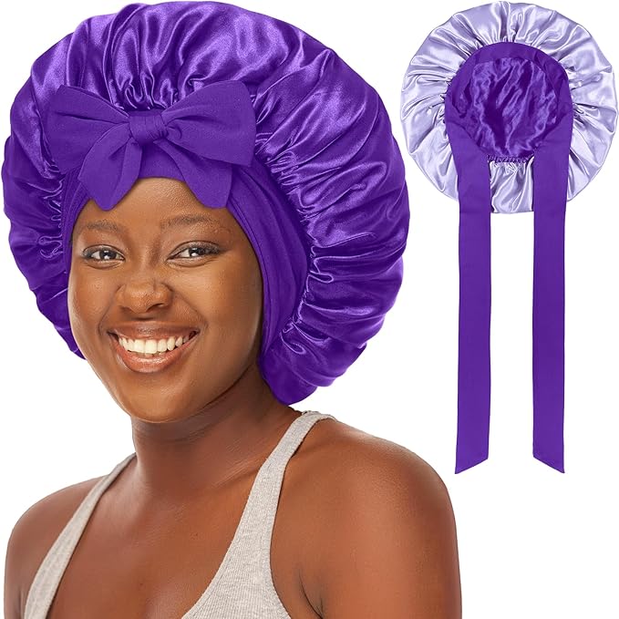 Double Layered Silk Satin Bonnet with Tie for Sleeping Black Women, Wide Band Large Hair Wrap Sleep Cap for Curly Hair Braid