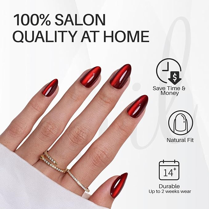 SHANGMENG Dark Red Cat Eye Press on Nails Almond - Soft Gel Valentines Short Press on Nails for Women Gift, Glossy Glue on Nails in 16 Sizes - 32 Reusable Fake Nails Kit with Glue, Wine