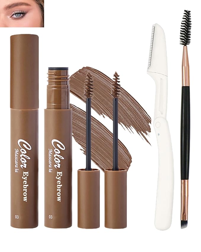 2Pcs Tinted Brow Cream Waterproof,Light Brown Longwearing Smudgeproof Liquid Eyebrow Tinting Gel Mascara,Volumizing Eye Brows Filler Women Natural Brow Makeup without Clumping with Brow Brush&Razor-03