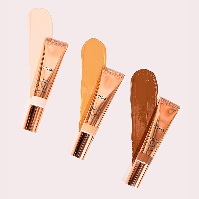 YENSA Skin on Skin BC Foundation Makeup - CC, BB Cream & Full Coverage Foundation-In-One - Buildable, Radiant Finish with SPF 40, Hyaluronic Acid, Peptides & 8 SuperBlacks - Tan Golden (1 oz)