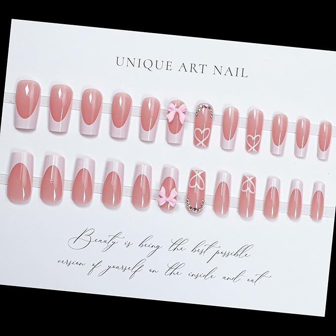 Press on Nails Medium Coffin - Pink Fake Nails with Bow Heart Design - White French Tip False Nails Press ons - for Women 24 Pcs