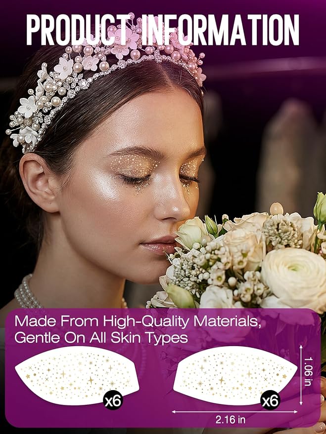 Golden Eye Speckles & Glitter Freckles Makeup Patches, Temporary Eyeliner Stickers with Star Designs for Glow Up, Cute Cosmetic Face Glitter Accessories for Women(6 Pairs)