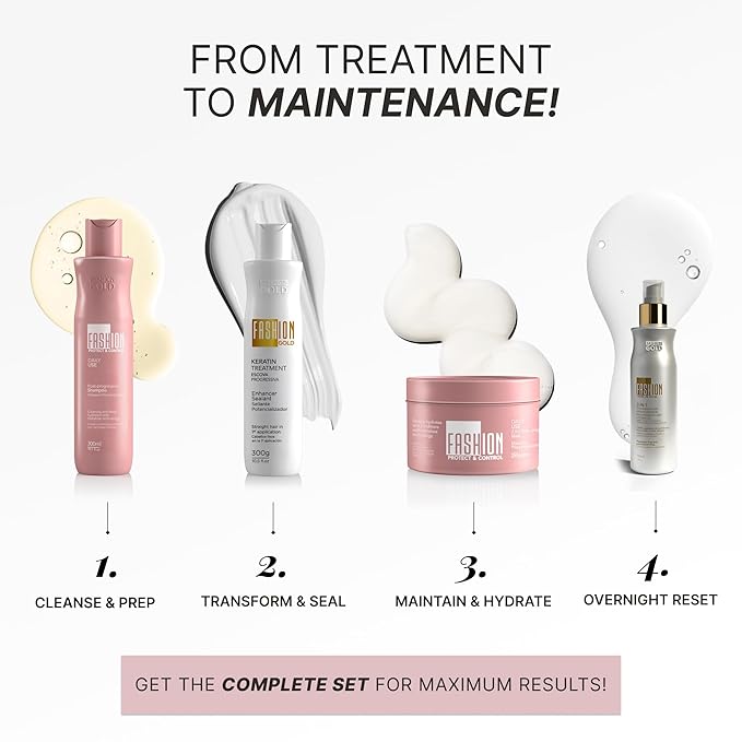 FASHION GOLD Keratin Hair Treatment Kit, KERATIN + SHAMPOO + HAIR MASK, Keratina para alisar el pelo SIN FORMOL, Hair Relaxer, Tratamiento para Cabello Seco y Maltratado, B0T0X CAPILAR