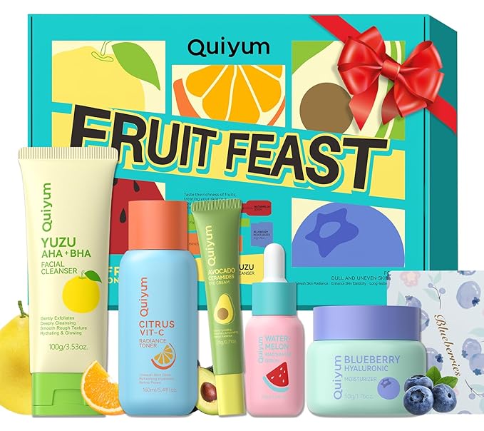 QUIYUM Fruit Skin Care for Teens, 5 Daily Routine Beauty Skin Care Sets - Exfoliation, Smooth, Clean, Oil Control, Firm, Hydrate, Glow Up, Facial Skincare Gift Set for Girls Women, for All Skin