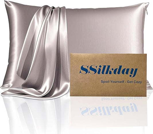 Mulberry Silk Pillow Cases with Zipper, Ultra Smooth Soft Breathable Cooling Pillow Cases for Hot Sleepers, Silk Satin Pillowcase for Hair and Skin, Gifts for Women (Taupe, Standard Size, 1 Pack)