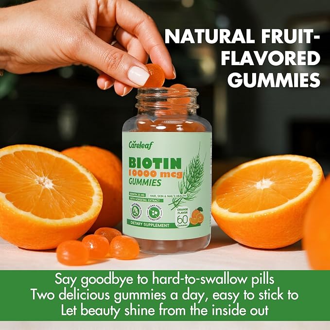 careleaf Biotin Gummies, Hair Growth Gummies with 10000 mcg Biotin/Collagen/Keratin, Hair Vitamins for Fuller Hair, Stronger Nails, Glowing Skin, Beauty Support for Women, 60 Count, Orange Flavor