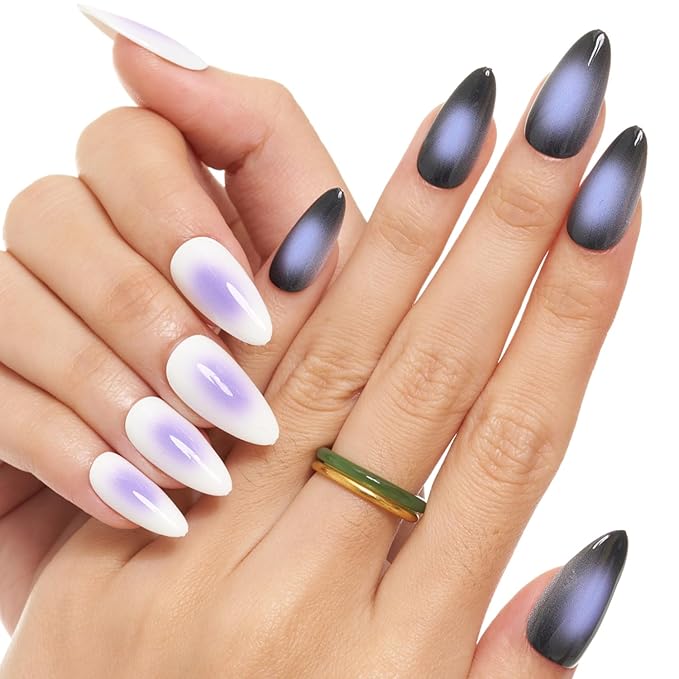 GLAMERMAID Black White Ombre Press on Nails Medium Almond, Purple Aurora Fake Crush Nails, Stiletto Fake Nails, Short Oval Stick Glue on Nails Tips for Women, Reusable Acrylic False Nail Kits