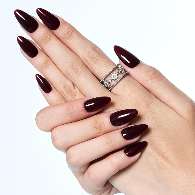 GLAMERMAID Dark Red Press on Nails Medium Almond, Handmade Jelly Soft Gel Deep Red Glue on Nails Stiletto, Burgundy Gothic Fake Nails Set, Reusable Acrylic Stick on False Nails Manicure Kit for Women