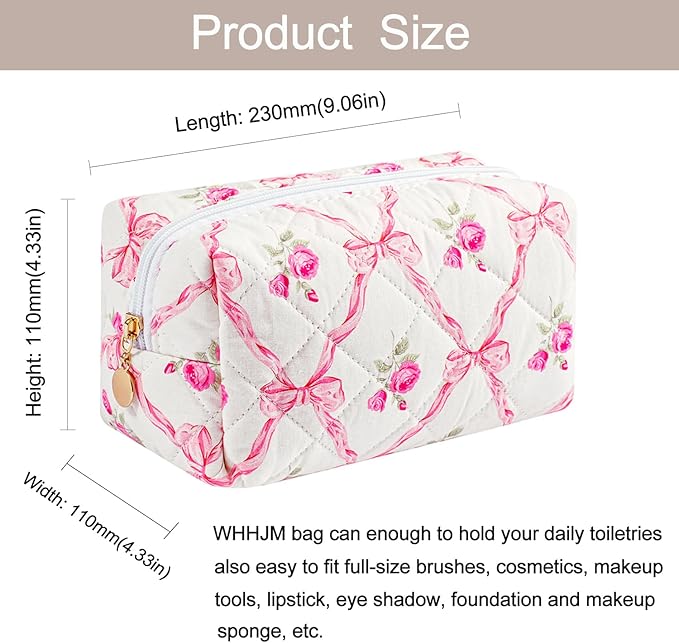 Cute Floral Makeup Bag Small Cotton Quilted Cosmetic Bag, Aesthetic Essential Bag Emergency Bag Gift for Women Girls Travel Accessories (Pink Bowknot Rose)