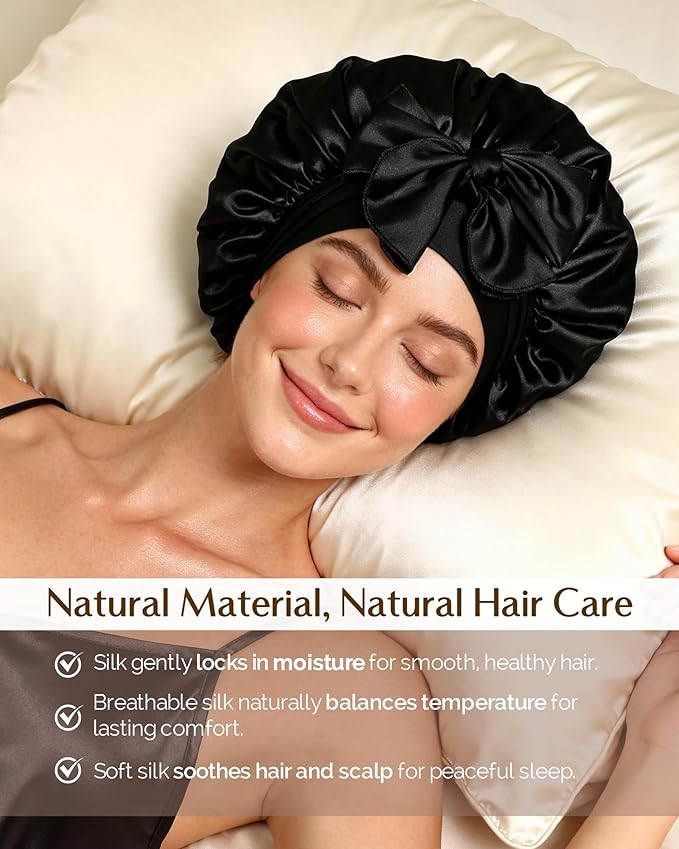 YANIBEST 22 Momme 100% Mulberry Silk Bonnet for Sleeping Women Double Layer Sleep Bonnet with Tie Band, Sleep Cap