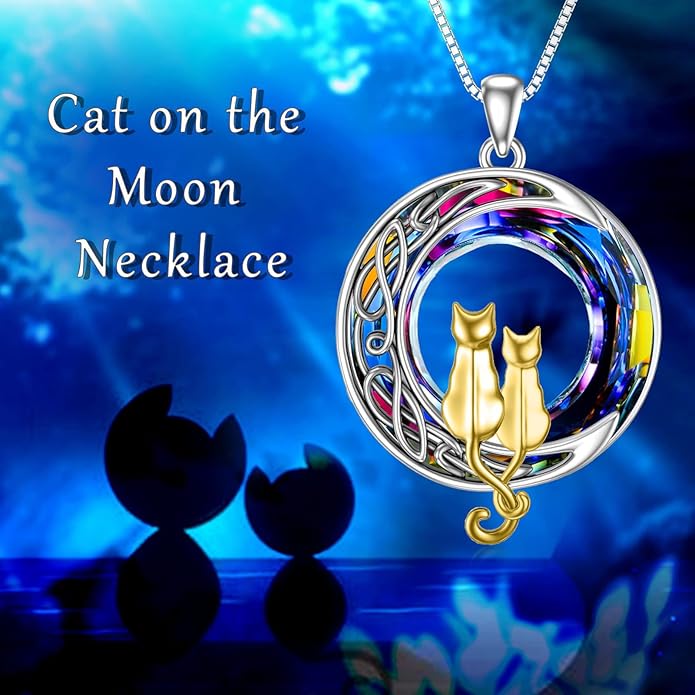 TOUPOP Cat Gifts for Cat Lovers One Two Three Four Cats Necklace Sterling Silver Cats on the Moon Pendant Necklace with Blue Circle Crystal Birthday Christmas Celtic Jewelry Gifts for Women
