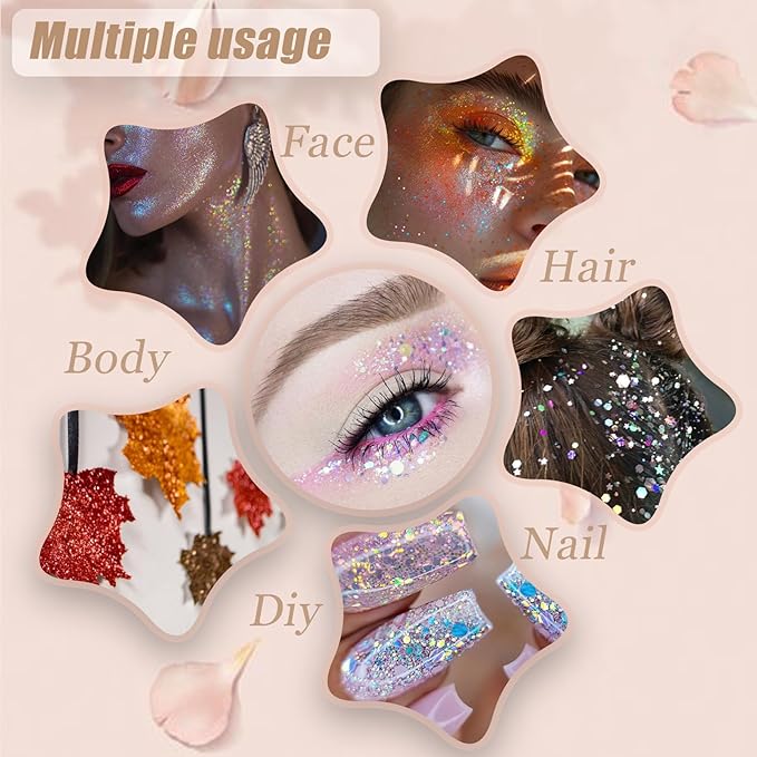 Face Body Glitter, Hair Glitter Sparkles Chunky Face Glitter Gel for Girls Makeup Singer Concerts Mermaid Festival Sequins Face Paint (White+Rose+Gold+Blue+Purple)