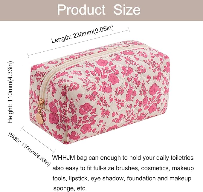 Cute Floral Makeup Bag Small Cotton Quilted Cosmetic Bag, Aesthetic Essential Bag Emergency Bag Gift for Women Girls Travel Accessories (Red Floral)