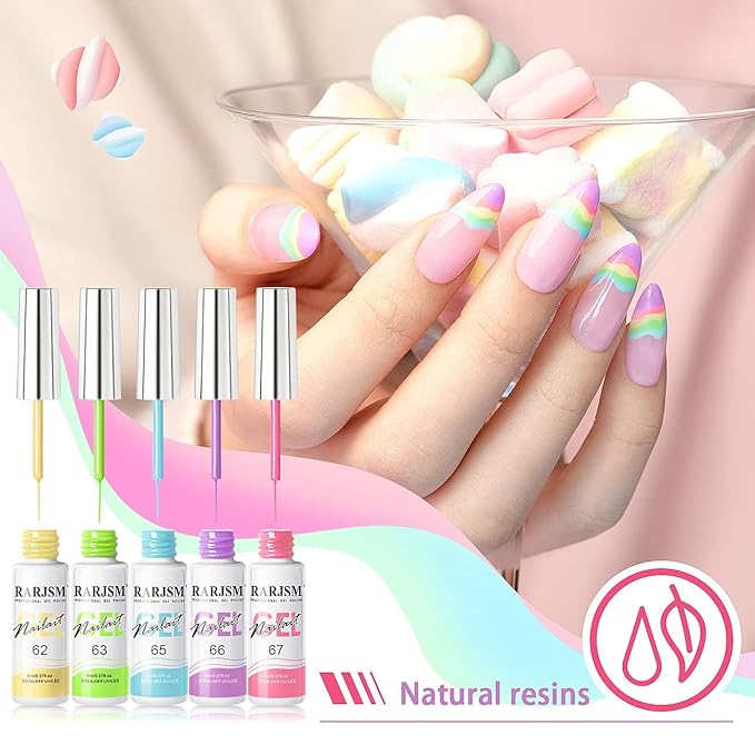 RARJSM Gel Liner Nail Art, Cotton Candy Collection Painting Gelpolish Set Wire Painting Drawing Gel for Nailart Design White Yellow Blue Purple Red Colors