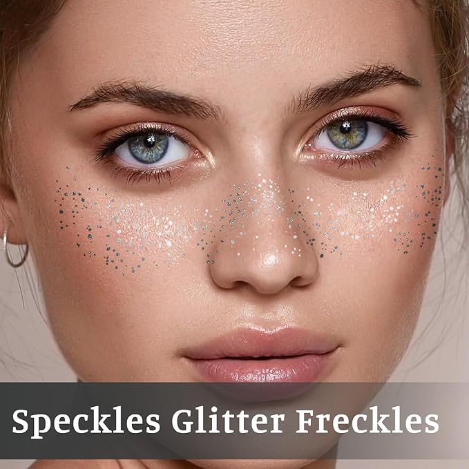 24 PCS Silver Glitter Freckles Face Tattoos Face Glitter Makeup Speckles Patches, Halloween Tattoos Cosplay Party Makeup Accessories for Women Girl, Cosmetic Glitter for Face