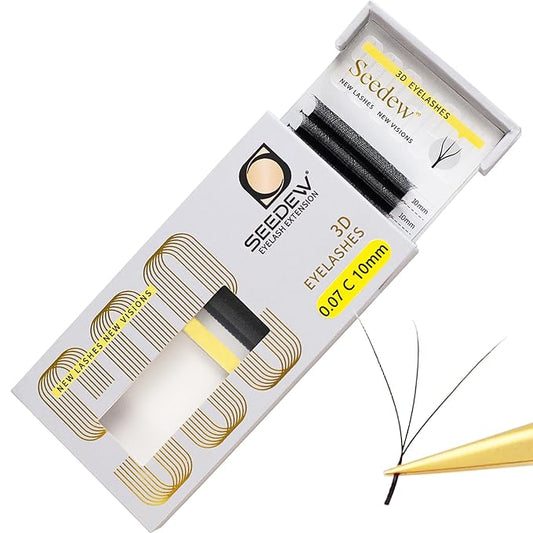 SEEDEW 3D Lash Extensions, 0.07mm C Curl 10mm 12 Rows/Tray, W Shape Flat Stem, Korean PBT Soft Natural False Eyelashes Grafting for Beginner Artist, Lash Tech, Beauty Salon(3D-Matte Black-0.07-C-10mm)