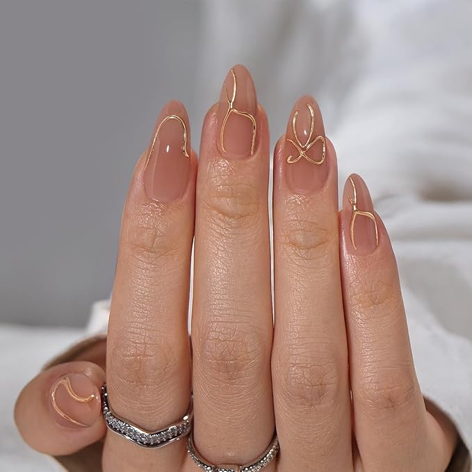 BTArtbox Press On Nails Almond - Press On nails with 3D Gold Lines Design, Medium Glue On Nails with Nail Glue, Gold Swirl Stick On Nails in 15 Sizes, Radiant Ribbons