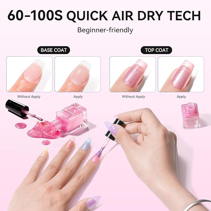 Nailshion Quick Air Dry Nail Polish, 16 Colors Holographic Nude Peach Pink Blue Green Regular Nail Polish with Clear Base Top Coat & Remover Pads, Hema-free, Non Gel, Gift for Women Girls