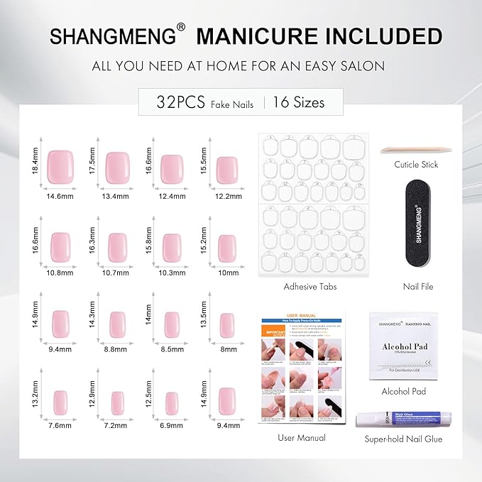 SHANGMENG Pink Cat Eye Press on Nails Square - Soft Gel Valentine Press on Nails Short for Women Gift, Fit Perfectly & Natural Glue on Nails with Glue in 16 Sizes - 32 Reusable Fake Nails, Light Pink