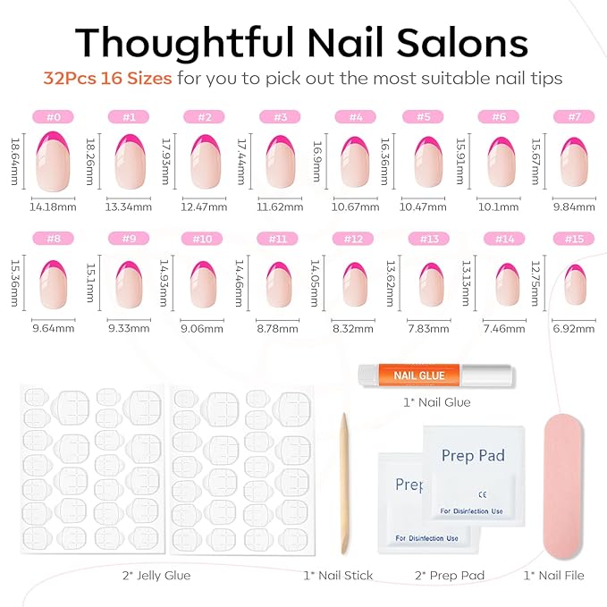 Modelones French Tip Press on Nails Short, Oval Fake Nails, Reusable Nail Kit with Nail Glue Adhesive Tabs Mini Nail File, Nails Press Ons 32Pcs 16Sizes, Women Girl Gift, Hot Pink, Valentines