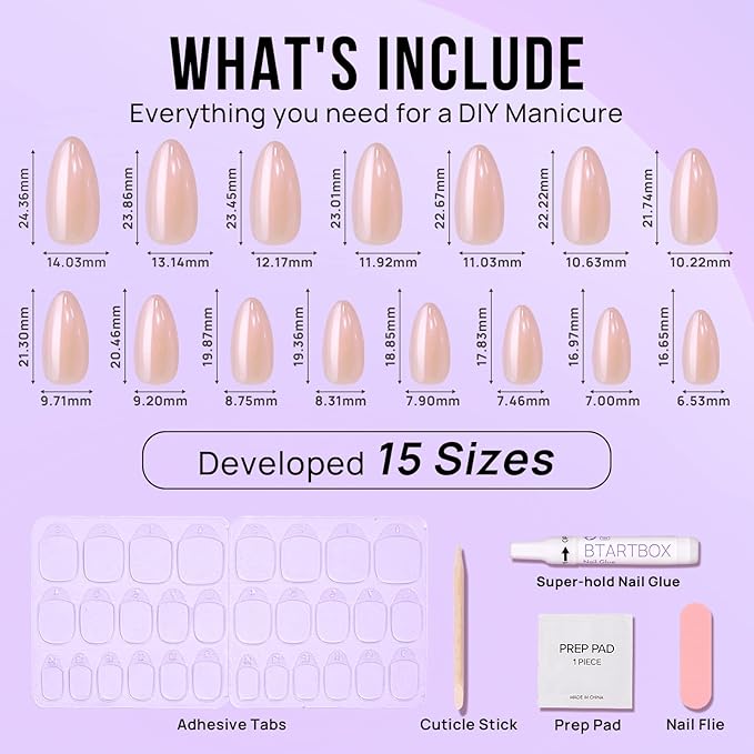 BTArtbox Press on Nails Almond Medium Soft Gel Chrome Nails, Light Weight & Fit Perfectly, Natural Fake Nail with Nail Glue, Nude Glue On Nails in 15 Sizes - 30 Nail Kit, Champagne Glazed