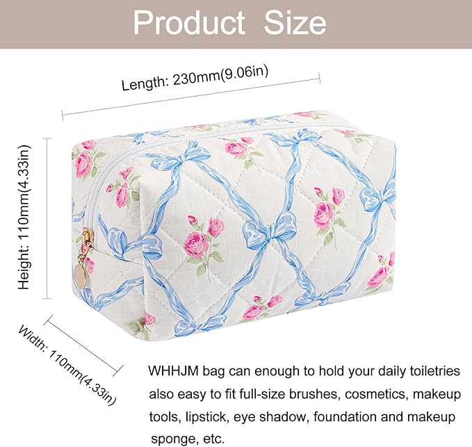 Cute Floral Makeup Bag Small Cotton Quilted Cosmetic Bag, Aesthetic Essential Bag Emergency Bag Gift for Women Girls Travel Accessories (Blue Bowknot Rose)