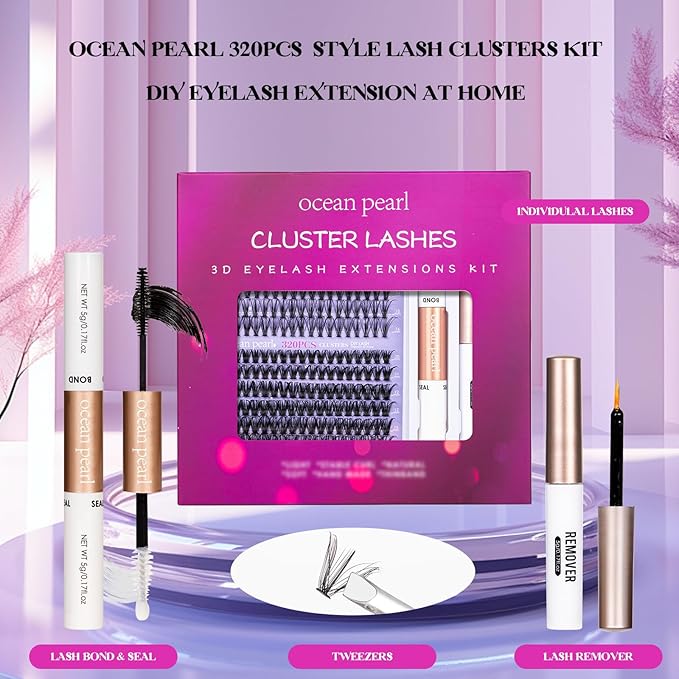 Individual Lashes with bond and seal Lash Remover DIY Lash Extension Kit 320 Pcs Cluster Lashes 10-16mm Natural Light C/D False Eyelashes for Beginner Makeup at Home (20D+50D）