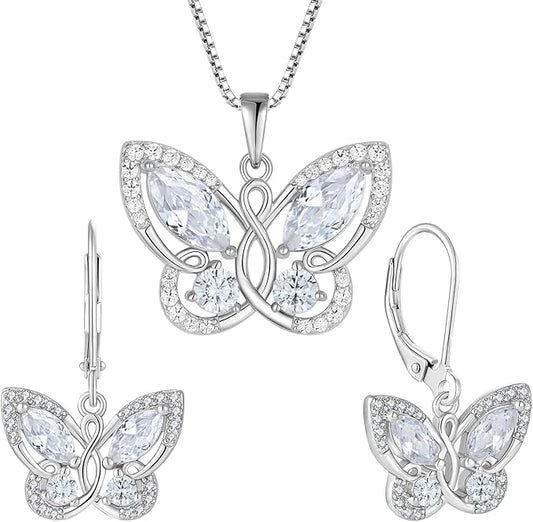 STARCHENIE Butterfly Necklace Earrings for Women 925 Sterling Silver Birthstone Cubic Zirconia Butterfly Jewelry Set Gifts