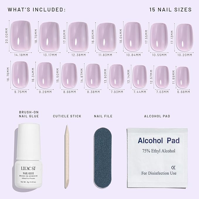 Lilac St - Press on Nails, Grey Wisteria (30 Nails, 15 Sizes) - Medium, Square, Glossy, Opaque - Brush-On Nail Glue, Nail File, Cuticle Stick, Prep Pad - Cruelty Free, Vegan, Women Founded