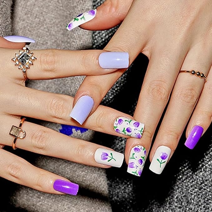 GLAMERMAID Dark Purple Press on Nails Medium Square, Floral Blossom Deep Purple Gel False Nals, Tulip Glue on Nails Kit for Women, Natural Lavender Reusable Stick on Acrylic Fake Nails Manicure Set