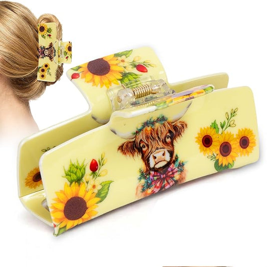 Medium Hair Claw Clips with Cow Sunflower Design, Jaw Clip for Hair, Non-Slip Strong Hold Hair Clamps for Thick & Thin Hair, Animal Hair Accessories for Women Daily Wear, Travel, Party Decor
