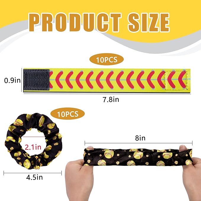 20 Pcs Softball Sleeve Holders Hair Ties Set, 7.4 Inch Softball Shirt Sleeve Straps with Elastic Scrunchies, Softball Accessories Party Favor for Girls Women Sport Team Gifts Birthday Supplies