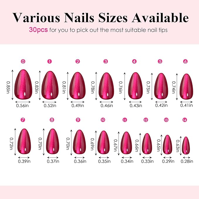 Canvalite Short Almond Press On Nails, 30Pcs Cat Eye Press on Nails Reusable Acrylic Fake Nails with Glue & Glue Remover Easy to Use Manicure Kit for Women, Rose Red