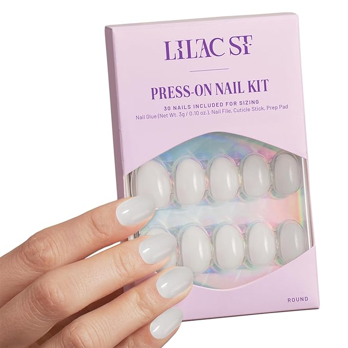 Lilac St - Press on Nails, Pillow Talk (30 Nails, 15 Sizes) - Short, Round, Glossy, Opaque - Brush-On Nail Glue, Nail File, Cuticle Stick, Prep Pad - Cruelty Free, Vegan, Women Founded