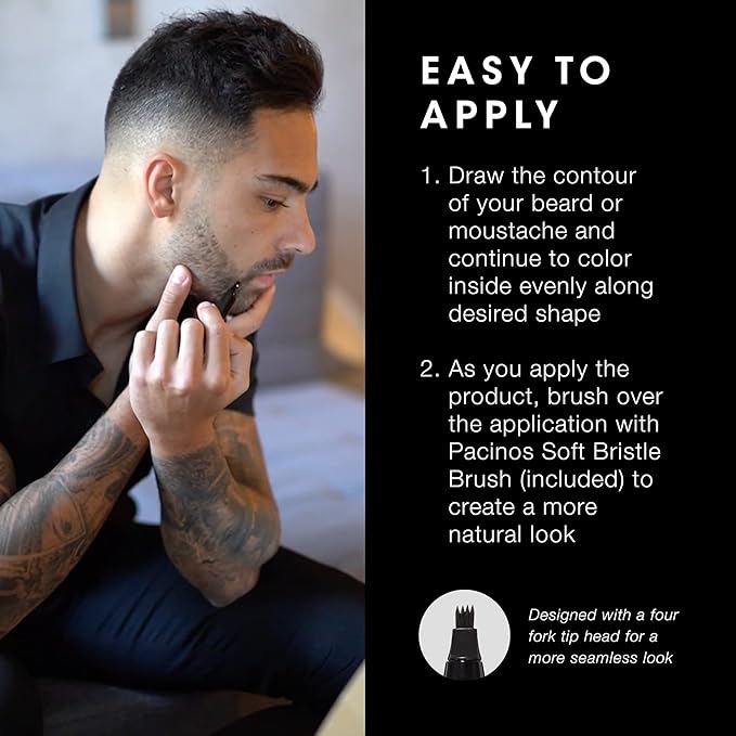 Pacinos Beard Pencil Filler - Water Proof, Long Lasting Coverage & Natural Finish - Beard, Moustache & Eyebrows - Micro-Fork Tip for Seamless Application - Bristle Brush Included (Dark Brown)
