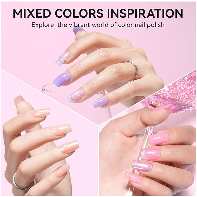 Nailshion Quick Air Dry Nail Polish, 16 Colors Holographic Nude Peach Pink Blue Green Regular Nail Polish with Clear Base Top Coat & Remover Pads, Hema-free, Non Gel, Gift for Women Girls