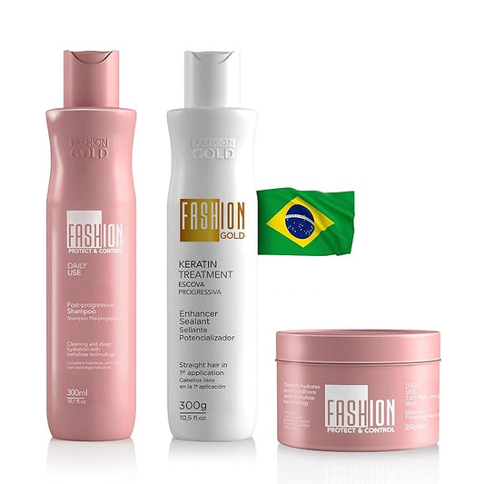 FASHION GOLD Keratin Hair Treatment Kit, KERATIN + SHAMPOO + HAIR MASK, Keratina para alisar el pelo SIN FORMOL, Hair Relaxer, Tratamiento para Cabello Seco y Maltratado, B0T0X CAPILAR