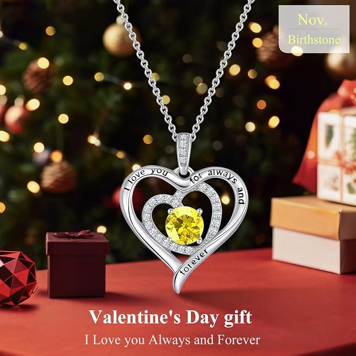 S925 Sterling Silver Necklace for Women, Valentines Day Gifts for Her, Love Heart Birthstone Necklaces for Women, Wife Jewelry, Mom Birthday Valentines Mothers Day Gifts, Girlfriend Necklaces, Daughter Heart Jewel, Anniversary for Her