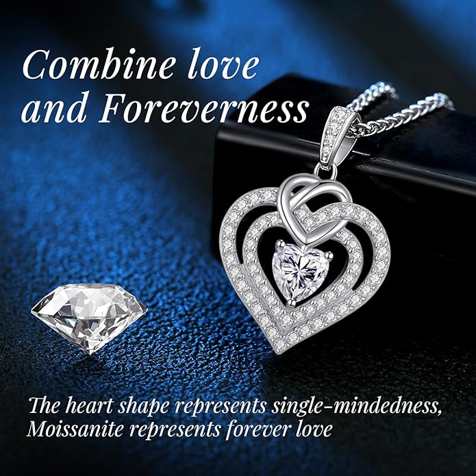 OOBEE Moissanite Heart Necklaces for Women, 1- 4 Carat Moissanite 925 Sterling Silver Gold Plating Fine Women Necklace，Ideal Anniversary Birthday Christmas Valentine Mothers Day Jewelry Gifts for Mom Wife Her Girlfriend