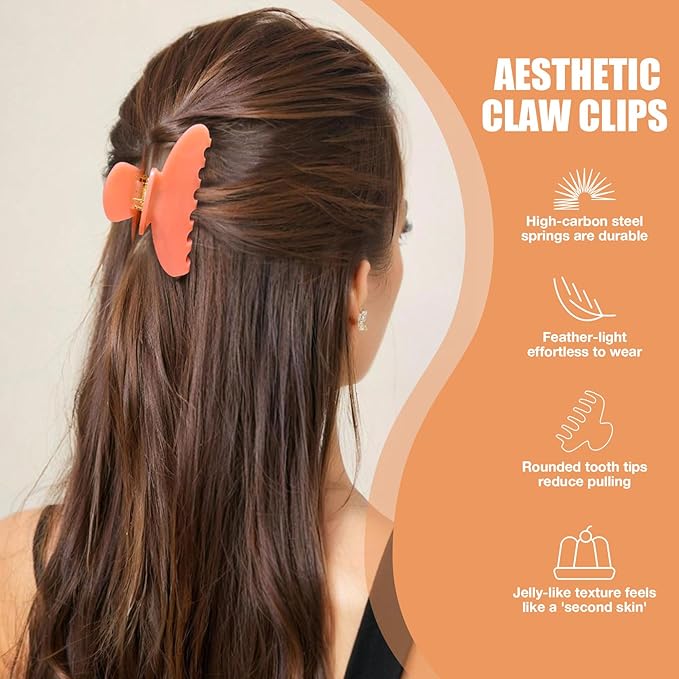 Big Hair Claw Clips for Thick Hair, Nonslip Large Orange Hair Clips Acetate, Celluloid Butterfly Jaw Clips, Strong Hold for Women