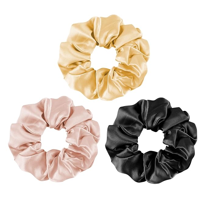 OLESILK 100% Mulberry Silk-Scrunchies for Hair Sleep, Women Grils Silk Hair Ties for Frizz & Breakage Curly Hair, No Damage, Elastics Ponytail Holder, 3 Pack