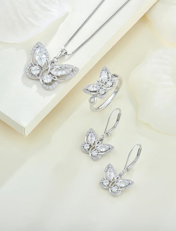 STARCHENIE Butterfly Necklace Earrings for Women 925 Sterling Silver Birthstone Cubic Zirconia Butterfly Jewelry Set Gifts