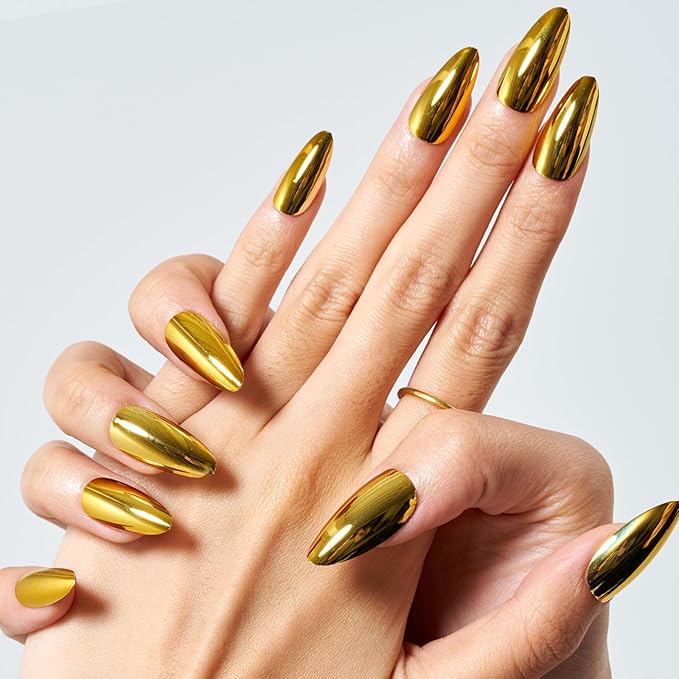 GLAMERMAID Press on Nails Medium Almond, Spring Summer Golden Chrome Gel Glue on Nail, Glossy Short Stiletto Reusable UV Finish Fake Nails Acrylic False Nails Manicure Kits for Women