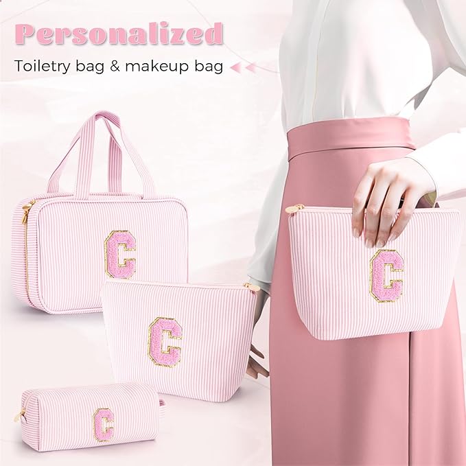 Valentines Day Birthday Gift Idea - Preppy Toiletry Bag Makeup Bag for Women Her - Personalized Cute Makeup Pouch for Girlfriend Bridesmaid Wife Mom | Travel Toiletry Cosmetic Bag - Pink C