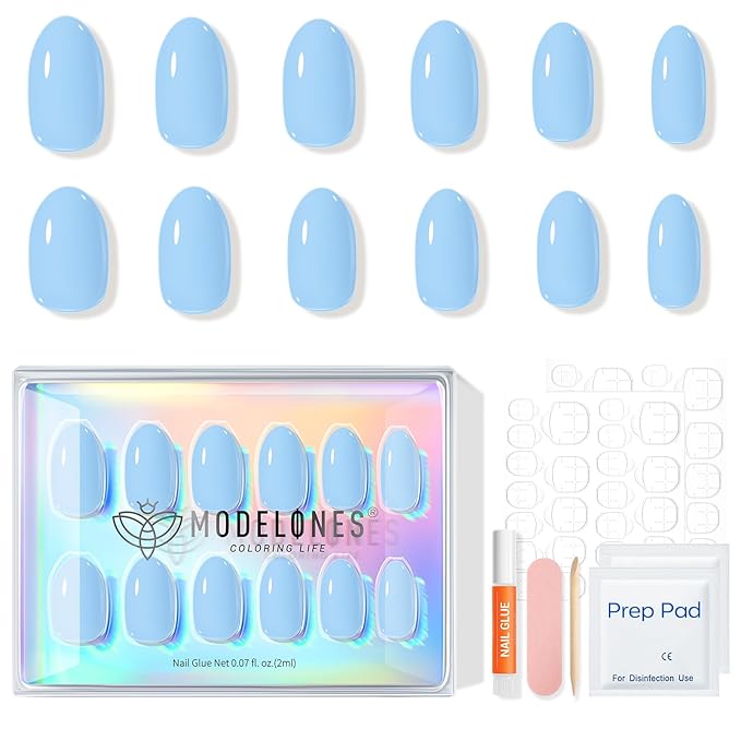 modelones Blue Short Press on Nails, Oval Fake Nails Kit Press Ons with Nail Glue, Adhesive Tabs, Nail File, Prep Pad, Manicure Stick, 32Pcs 16 Sizes
