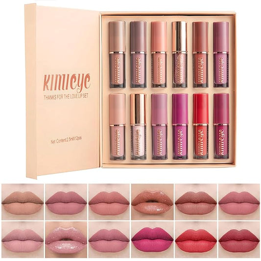 12Pcs Velvet Matte Liquid Lipstick Set, Waterproof Long Lasting Quick-drying Non-Stick Cup Nude Lip Stain Kit, Up to 24H Wear, Professional Lip Makeup Gift Kit for Women (SET A)