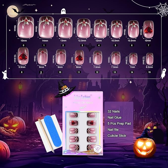Halloween Press On Nails Short - Moonfang Glow, French Tip Press On Nails, Acrylic Square Halloween Nails Press On with Nail Glue, Fit Perfectly Stick On Nails in 16 Sizes - 32 PCS Soft Gel Kit