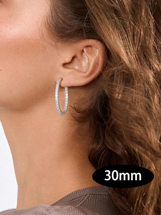 Wyyxl Womens Diamond Hoop Earrings, 20/25/30mm Small Hoop Sterling Silver Based Hypoallergenic Huggie Stud, Sparkle Moissanite 5a Cubic Zirconia Earings Jewelry for Woman Daily Party Wear